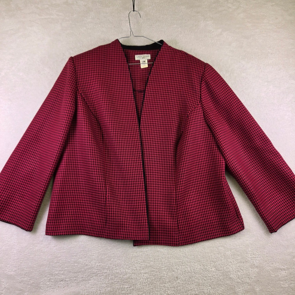 Lady Dorby Womens 20W Red Black Houndstooth Open Front Blazer Jacket 4221